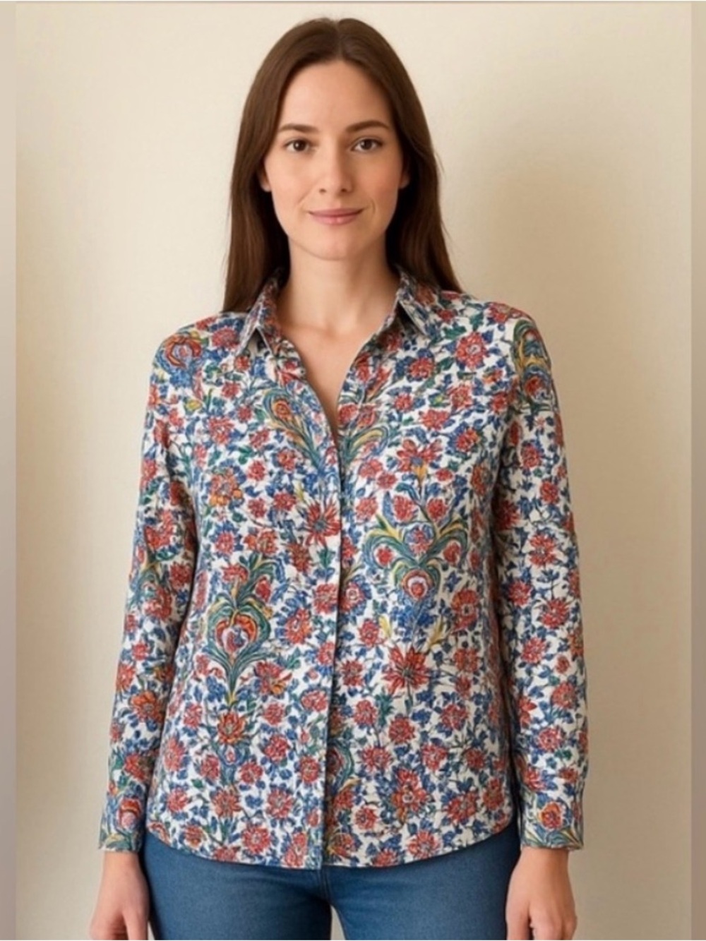 Zara Floral Button Down Long Sleeves Top Size Large Multicolor